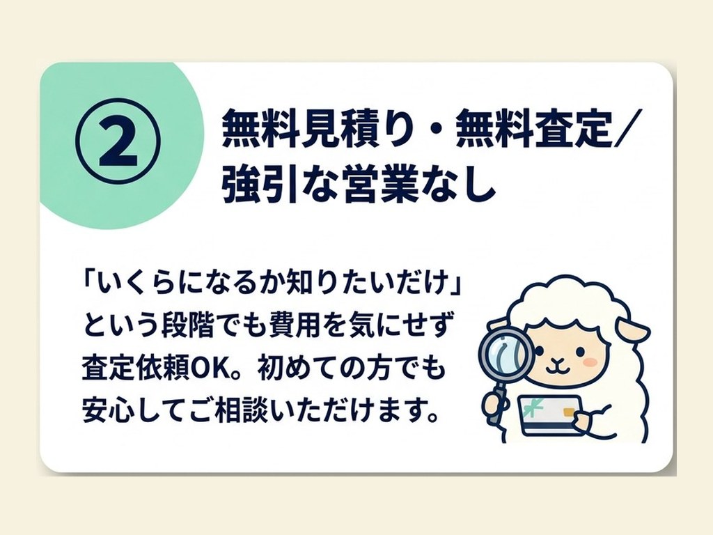 特徴②無料見積り・無料査定／強引な営業なし。「いくらになるか知りたいだけ」という段階でも費用を気にせず査定依頼OK。初めての方でも安心してご相談いただけます。