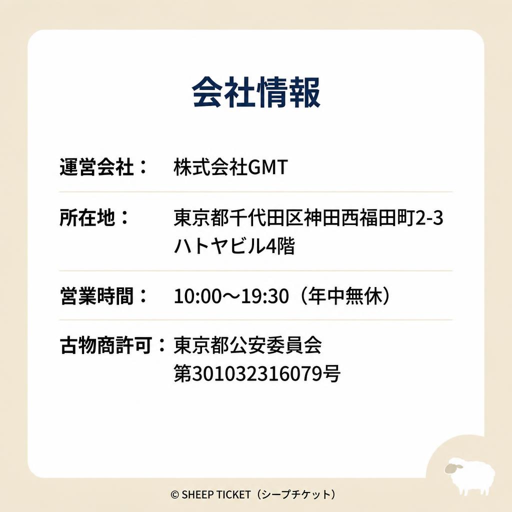 会社情報：運営会社 株式会社GMT／所在地 東京都千代田区神田西福田町2-3 ハトヤビル4階／営業時間 10:00〜19:30（年中無休）／古物商許可 東京都公安委員会 第301032316079号